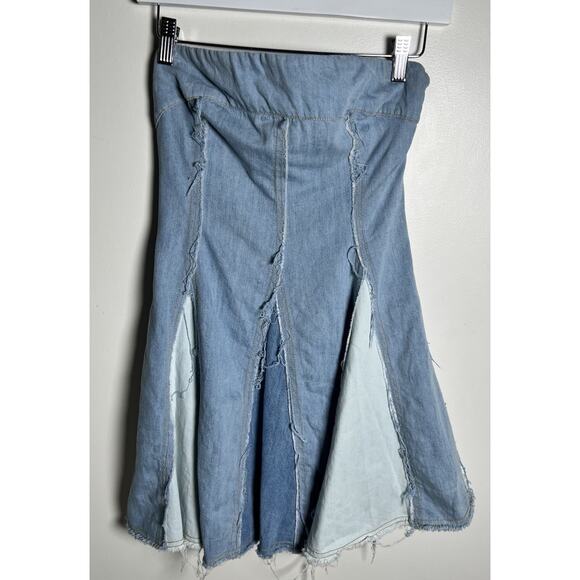 Pilcro Strapless Raw Seams Patchwork Denim Smocked Fit & Flare Mini Dress Small - Picture 4 of 13